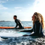 Two beginner surfers waiting in the lineup near an urban beach break.