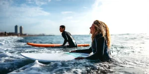 Two beginner surfers waiting in the lineup near an urban beach break.