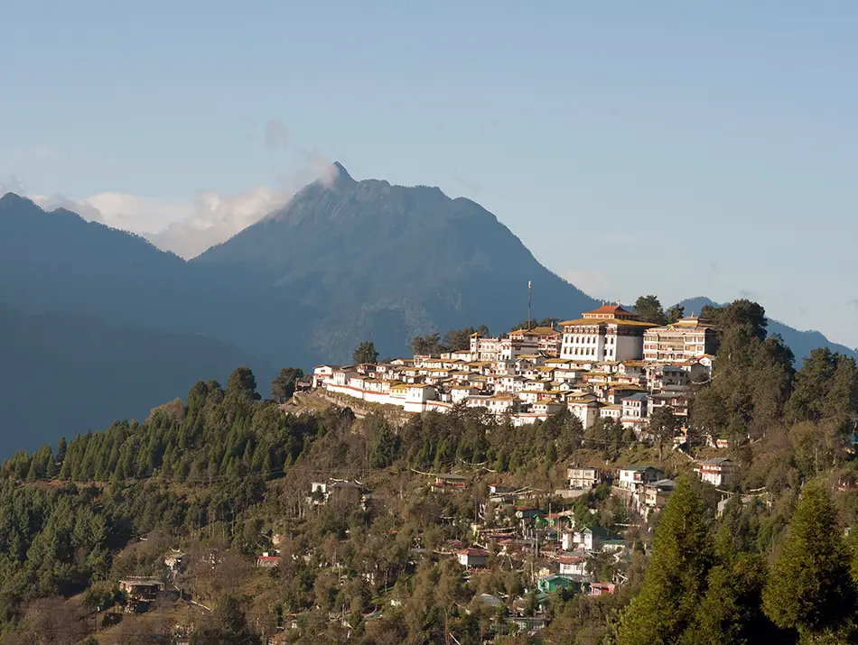 Tawang monastery on a mountainside, underrated hiking destinations in Arunachal Pradesh.