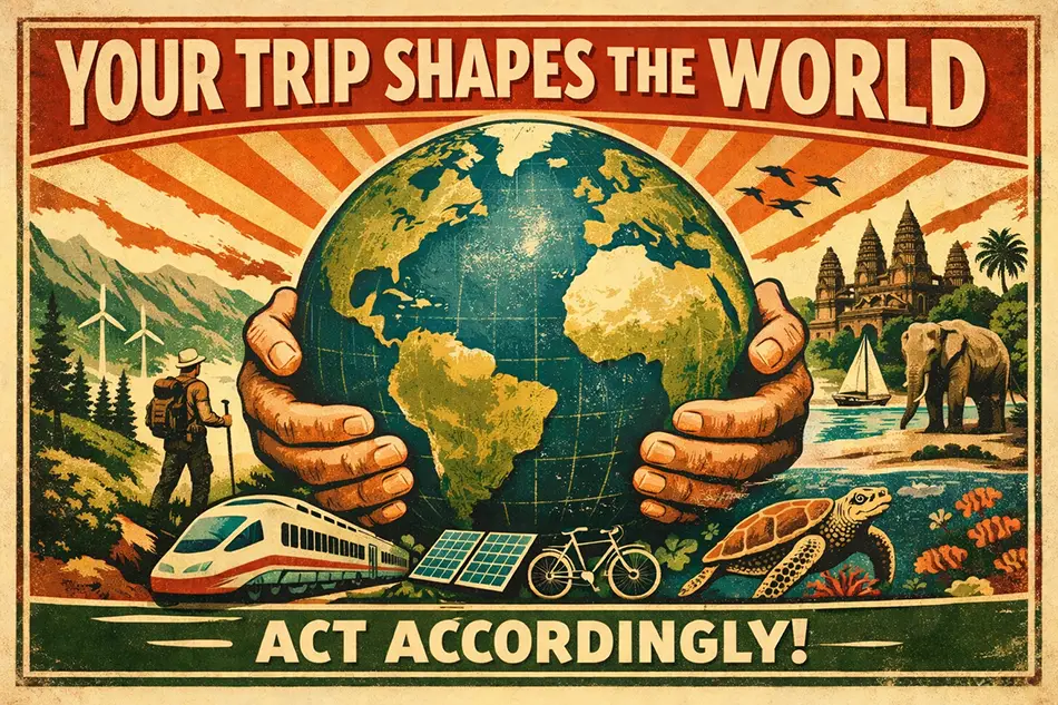 Propaganda-style poster on sustainable travel in Vietnam.