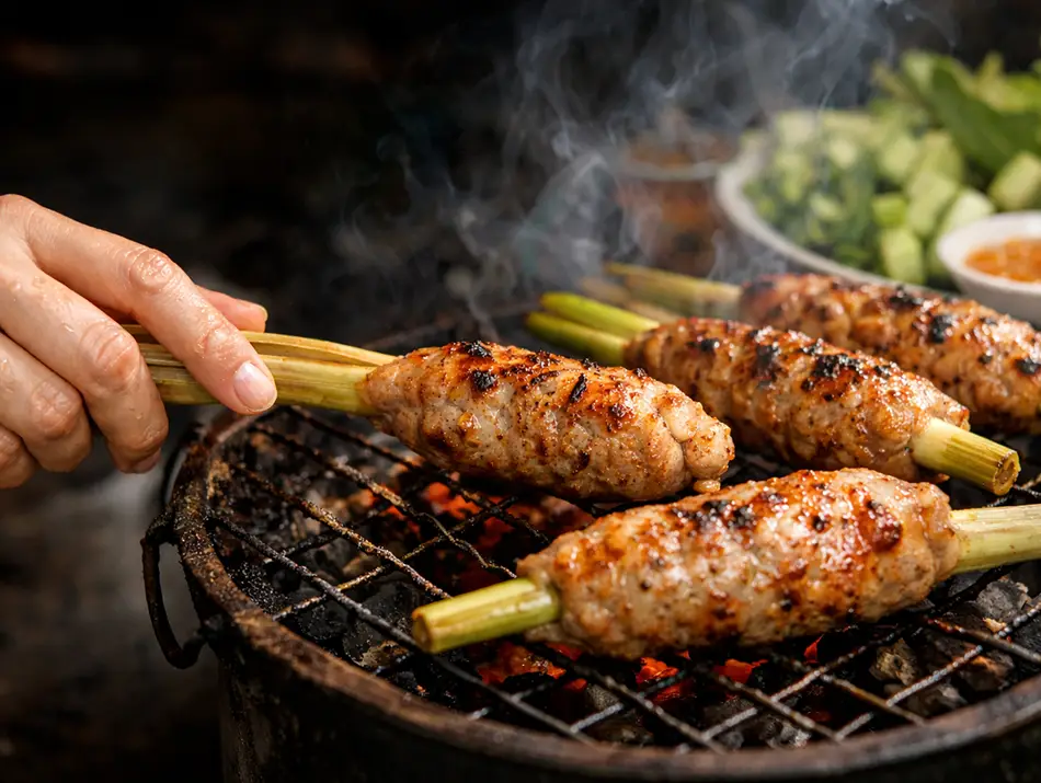 Meat skewers grilling over open flames at a food stall, showcase cooking class as a popular activity in Hue.