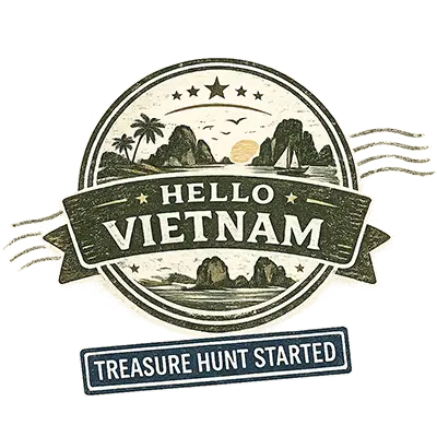 Digital Vietnam passport stamp badge marking entry into the Vietnam travel challenge, illustrated as a vintage travel emblem for starting the journey.