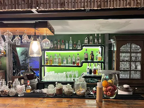 Wooden bar counter with fruit display and green backlit bottle shelves.