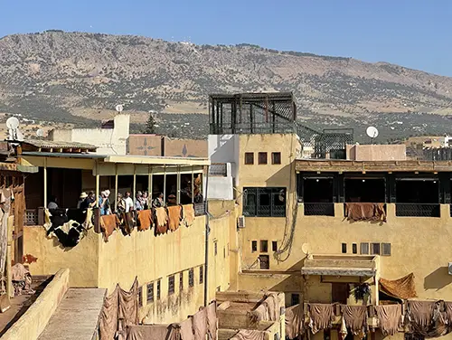 Visitors watch leather processing from a balcony overlooking the vats.