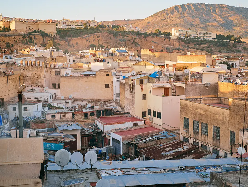 Panoramic rooftops and minarets stretching across the old medina.