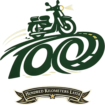 Motorbike travel challenge badge illustrated with a long road and scooter, representing riding 100 kilometers across Vietnam.