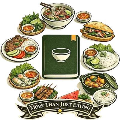 Culinary travel badge showing multiple Vietnamese dishes and notes, representing tracking and reviewing local food using a Vietnam culinary journal.
