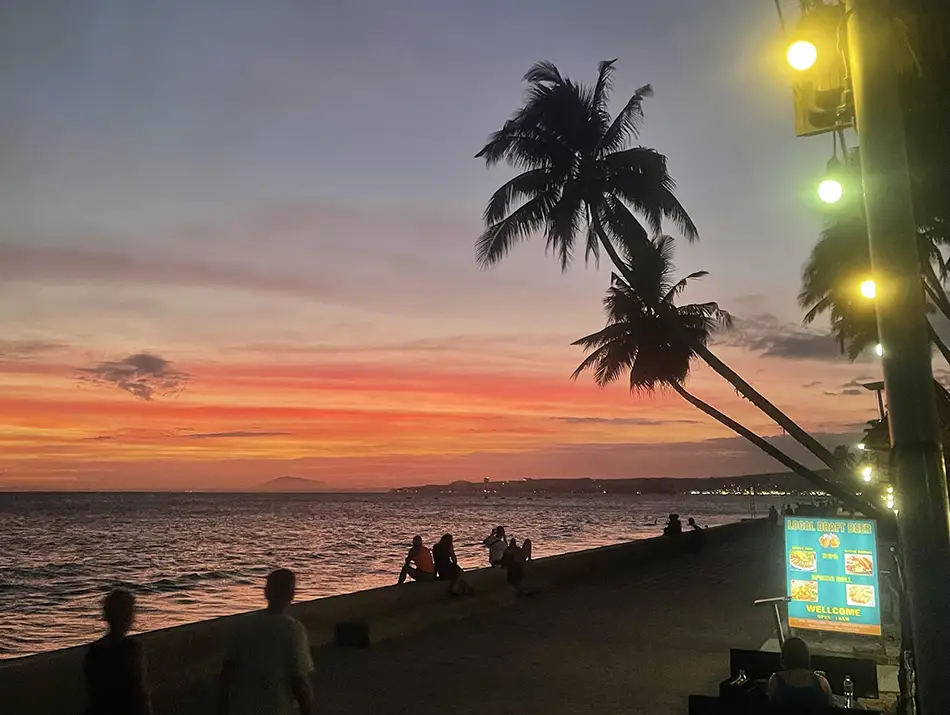 Palm trees silhouetted against a vivid sunset along the Mui Ne seafront promenade.