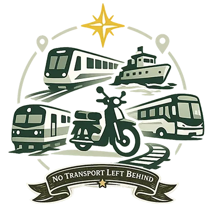 Travel challenge badge illustrated with mixed transport icons, representing using buses, trains, ferries, motorbikes, and metro systems in Vietnam.