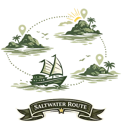 Island-hopping travel badge illustrated with boats and islands, representing visiting multiple islands along the Vietnamese coast.