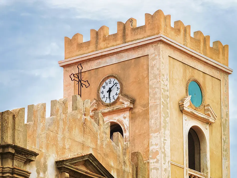 Historic church facade in Savoca, Sicily, setting for The Godfather wedding procession.