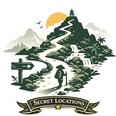 Illustrated travel badge featuring hidden landscapes and winding paths, symbolizing exploration of off-the-beaten-path locations in Vietnam.