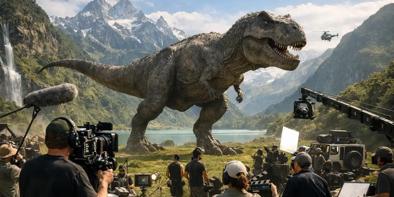 Set Jetting popularity explained through a behind-the-scenes dinosaur movie production in a mountain valley.