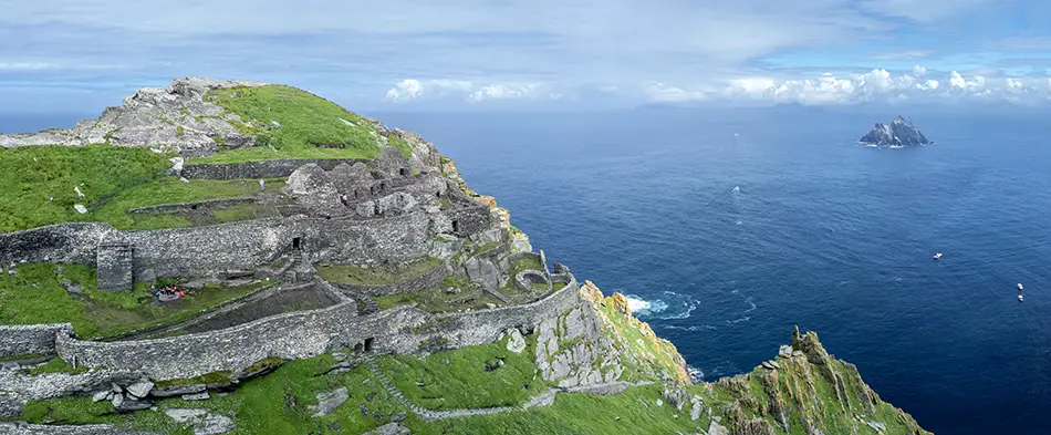 Clifftop ruins on Skellig Michael, Ireland, depicted as the Jedi Temple.