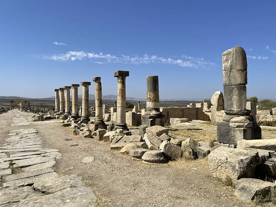 Ancient Roman columns and stone foundations at Volubilis archaeological site, often called the best day trip from Fes