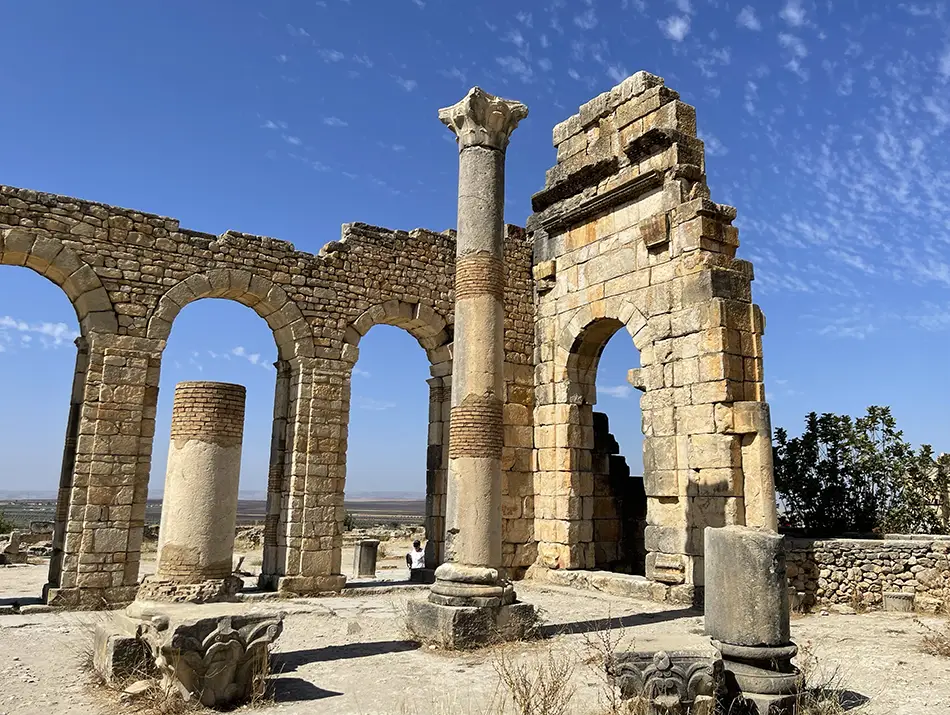 Standing Roman columns at Volubilis near Meknes, a classic day trip from Meknes.