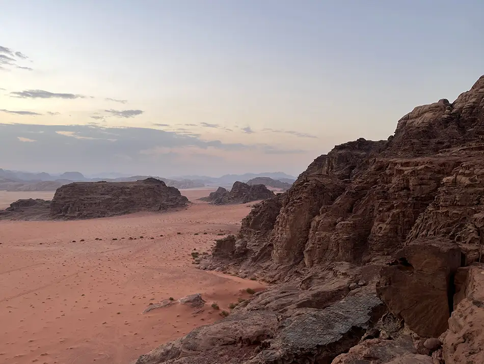 Rocky canyon at sunset in Wadi Rum, a real movie locations around the world highlight.