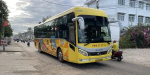 Sleeper bus arriving in Mui Ne tourist area after traveling from Ho Chi Minh City