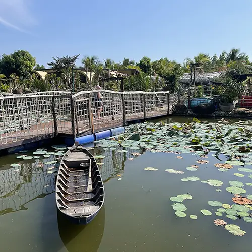 Narrow wooden boat moored on a calm lotus pond covered in lily pads and pink lotus flowers, surrounded by tropical greenery at a cafe near Mui Ne