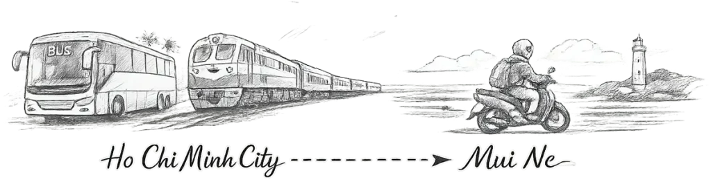 Illustration showing different transport options from Ho Chi Minh City to Mui Ne including bus train car and motorbike