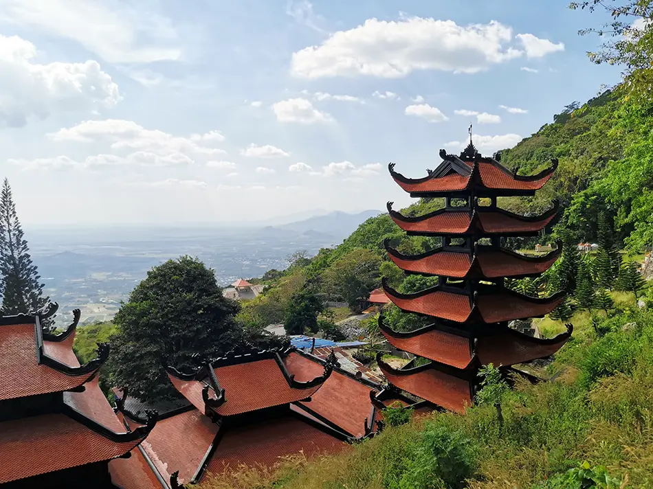 Pagoda complex on Ta Cu Mountain with layered temple roofs