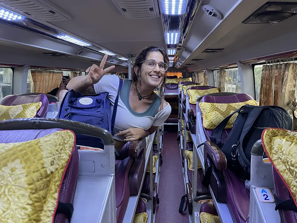 Interior of a sleeper bus with reclining beds on the Ho Chi Minh City to Mui Ne route in Vietnam