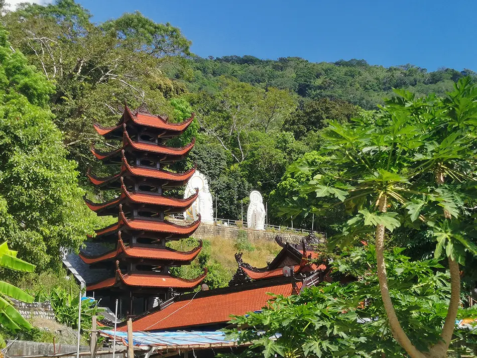 Multi-tier pagoda surrounded by dense jungle