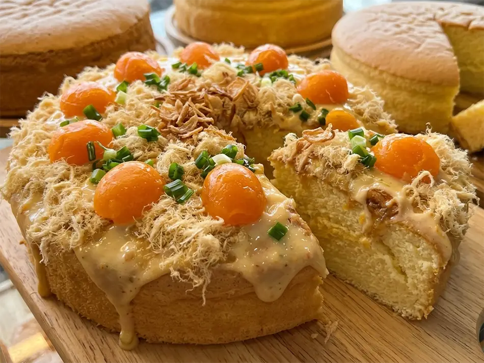 Bánh bông lan trứng muối salted egg sponge cakes displayed at a bakery, showing golden tops with salted egg yolk