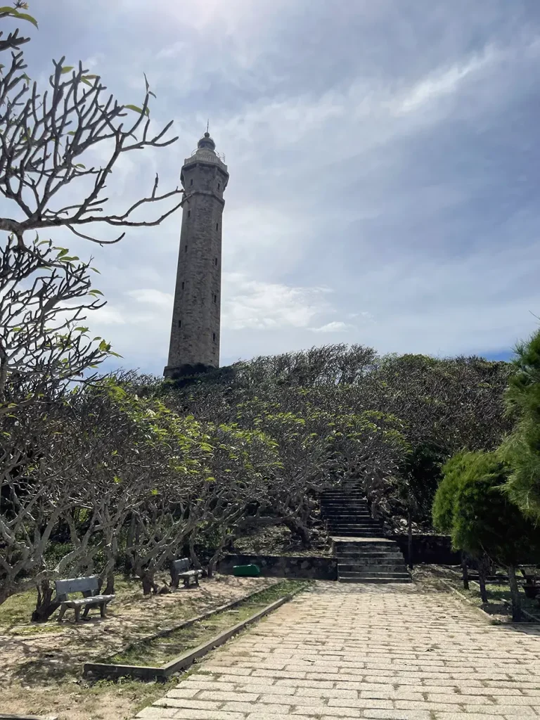 Stone path lined with dry trees leading toward Ke Ga lighthouse tower on the island, shot from ground level on a clear day