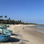 Blue fishing boat resting on golden sand at Mui Ne beach during low tide, with palm trees and the resort strip visible along the shoreline