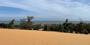 Wide view of the Mui Ne red sand dunes rising above the coastal road under a clear sky, with sparse trees along the base