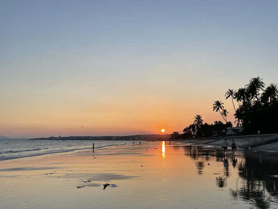 Golden sunset reflected on wet sand during low tide at Mui Ne, with palm tree silhouettes and still water pools across the beach