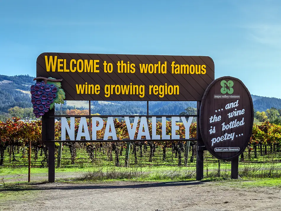 The iconic "Welcome to Napa Valley — this world famous wine growing region" wooden sign surrounded by green grapevines on a sunny day in California