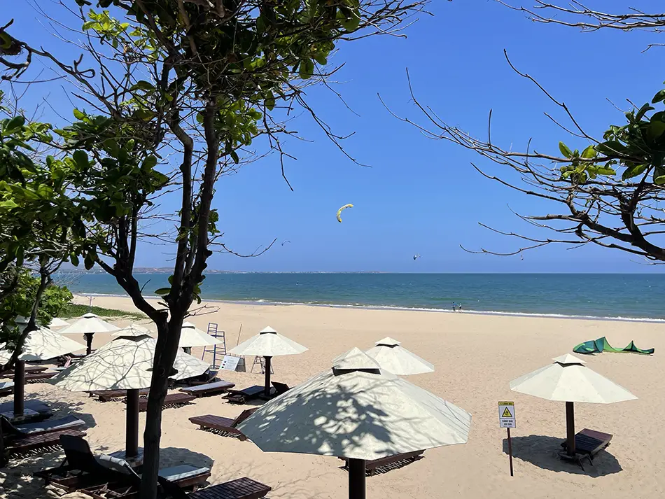 White sun umbrellas and loungers set up on a clean resort beach, with calm water