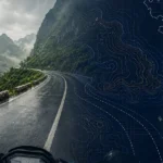 First-person view from a motorbike riding along a wet, winding mountain pass through misty limestone karsts in Vietnam, with an outline map of Vietnam overlaid on the right.