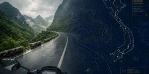 First-person view from a motorbike riding along a wet, winding mountain pass through misty limestone karsts in Vietnam, with an outline map of Vietnam overlaid on the right.