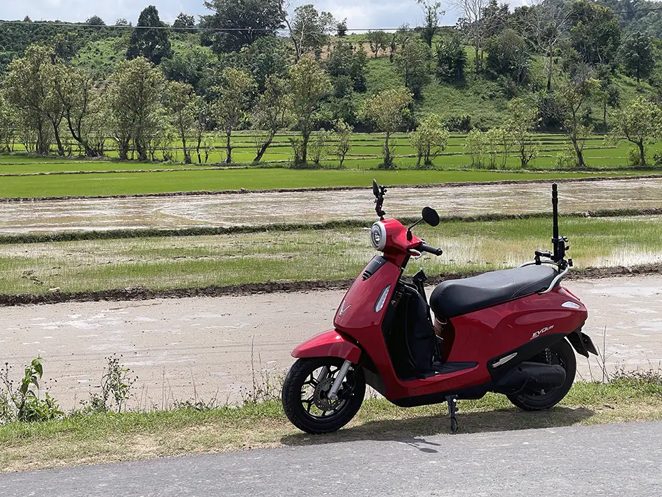 An electric scooter parked on the roadside with rice fields stretching across the background