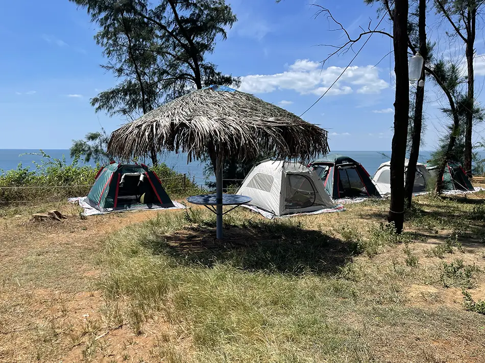 Colorful tents pitched near a cliff on a cape overlooking the sea.
