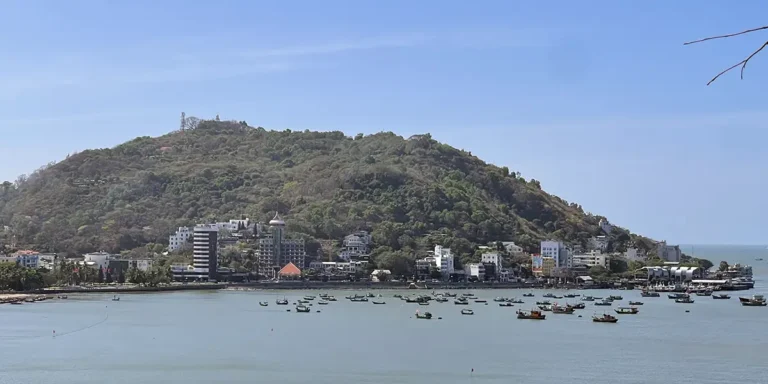 Panoramic view of Vung Tau city with a densely forested mountain rising behind the bay, waterfront buildings and roads stretching along the calm shoreline