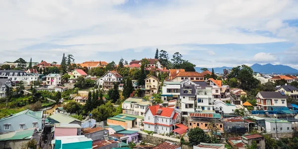 Panoramic aerial view showing hillside homes, pine trees, and distant mountains highlighting the best