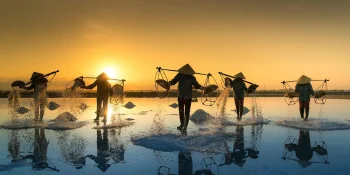 Salt farmers at sunrise in Vietnam, showcasing the cultural depth of the best places to visit in Vietnam