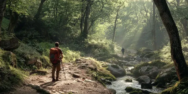 Man hiking through a forest trail, enjoying a low-impact outdoor adventure