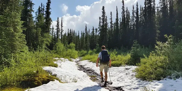 Man hiking in summer gear through forest with snow patches, exploring freezing summer locations