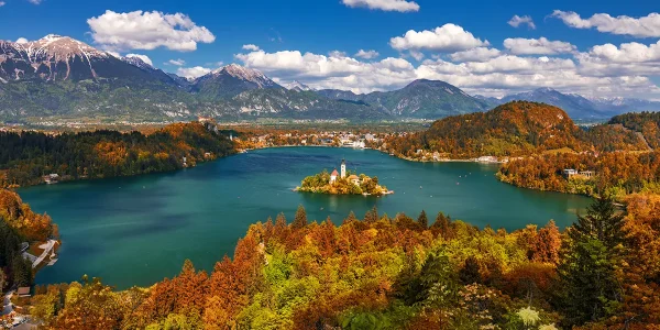 Aerial view of Lake Bled island, a signature scene for Fall Colors in Europe.